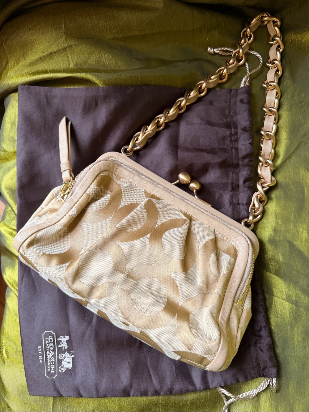 Coach Madison Op Art Frame Kisslock Bag With Gold Chain Strap In Tan Vintage Y2K - Picture 1 of 7
